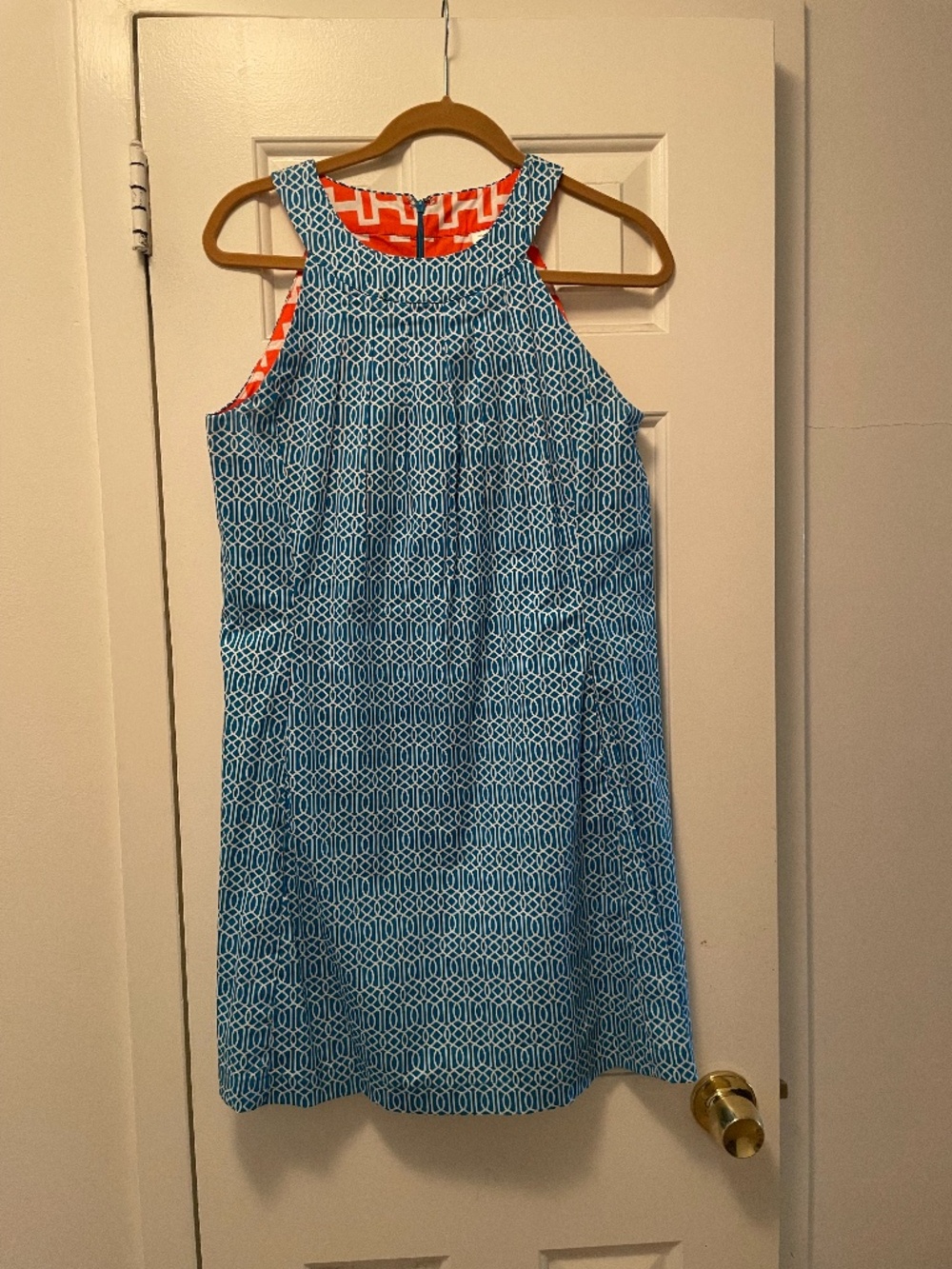 Dizzy Lizzie Blue and White Geometric Halter Shift Dress - Size M